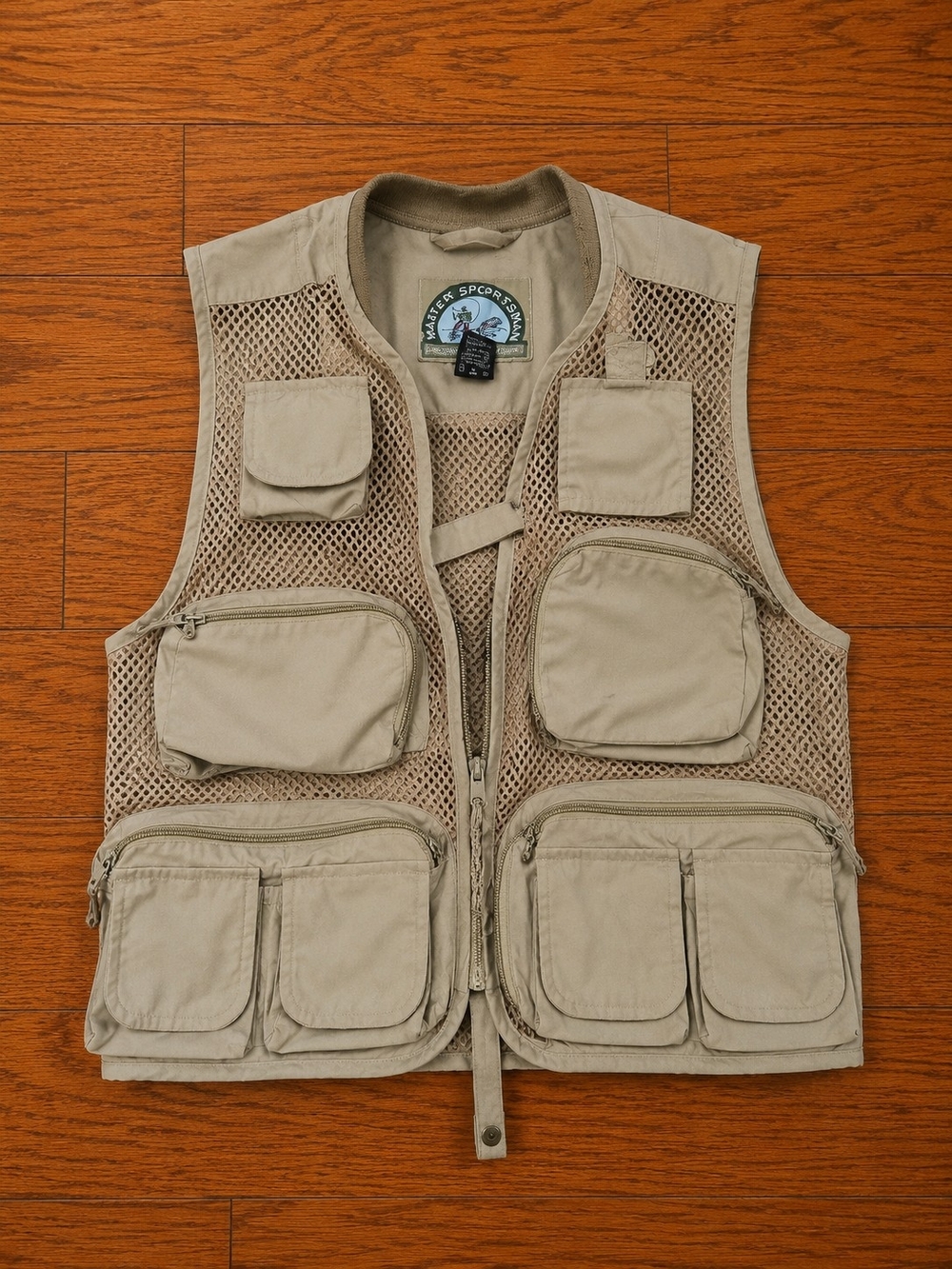 Master Sportsman Mens Medium Fishing Vest Tan Mesh Multi Pocket Outdoor Hunting